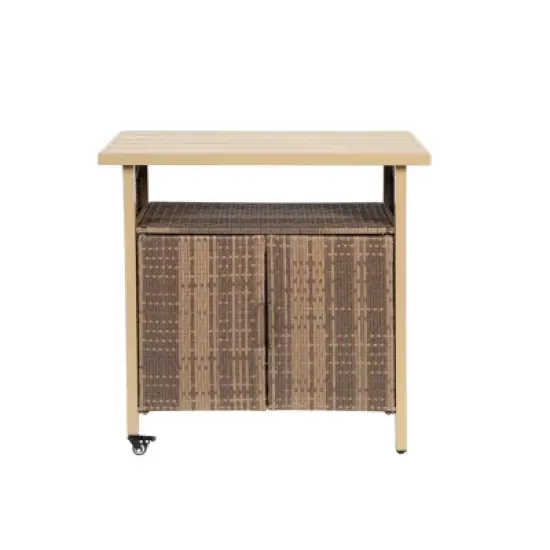 Outdoor Wicker Bar Cart, Bar Cart Outdoor With Wheels , Rolling Rattan Beverage Bar Counter Table Glass Top-Cuddlewood image {1}