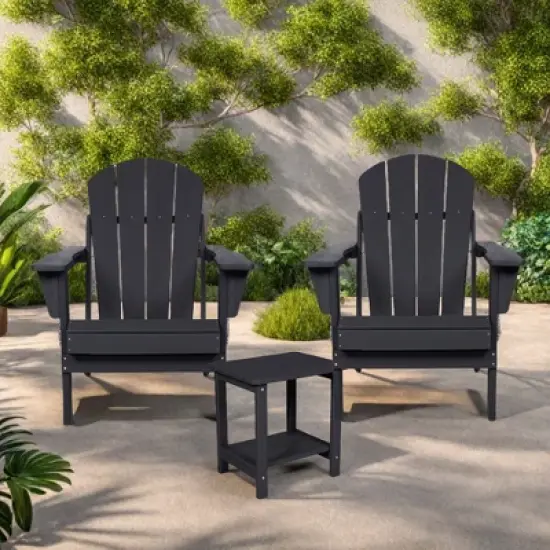 FURNIinspire Patio Seating Sets Folding Adirondack Chairs With Side Table, 3-Piece Rocking Chairs Set With Wood Texture, Black, 30&ldquo;*28&rdquo;*35&ldquo; image {1}