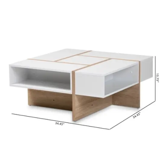 Rasa Wood Coffee Table White/Oak - Baxton Studio: Modern Living Room Furniture, Geometric Design, Open Storage Shelves image {6}