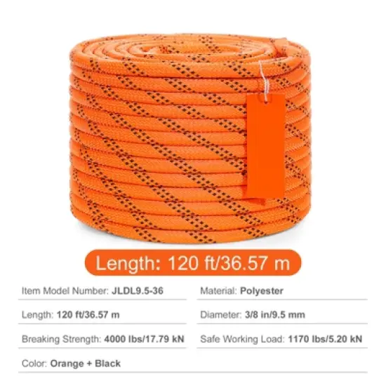 VEVOR Dual-Weave Polyester Cord, 3/8 inch by 120 feet, 48-Strand, 4000 Pound Tensile Strength, Multi-Use Rope for Arborist Activities, Orange/Black image {7}