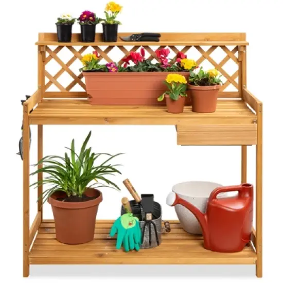 Best Choice Products Outdoor Wooden Garden Potting Bench, Workstation Table w/ Cabinet Drawer, Open Shelf image {8}
