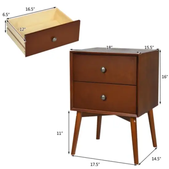 Tangkula Mid Century Nightstand Sofa End Table Bedroom Side Table with 2 Drawers image {1}