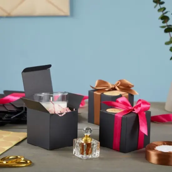 Stockroom Plus 50 Pack Kraft Black Paper Gift Boxes, Bulk Set with Ribbon & Stickers (3x3x3 In) image {1}