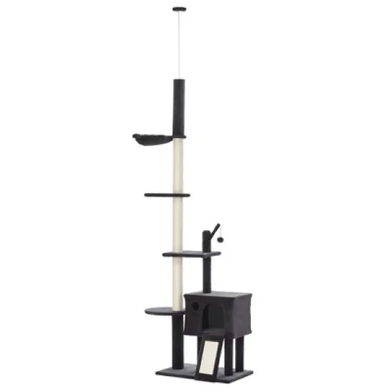 SKYONE Beige Floor-to-Ceiling Cat Tree with Adjustable Height, Multiple Platforms, Bed, Hammock, image {9}