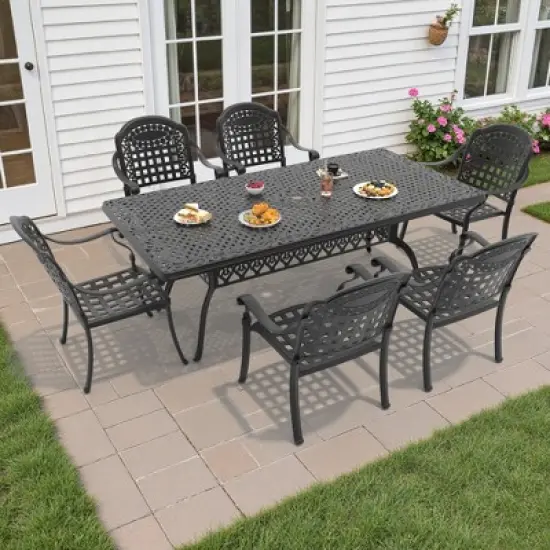 7-Piece Durable Cast Aluminum Outdoor Dining Set - Rectangle Table & Stackable Chairs Comfortable Blue Cushions - Perfect Patio & Backyard Furniture image {1}
