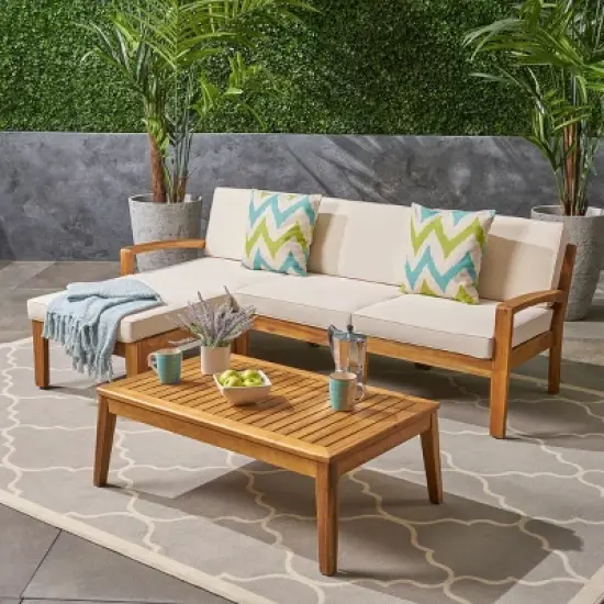 Outdoor Sectional Sofa Set, 3 Pcs Acacia Sofa Set for 3 People, Sectional Sofas with Acacia Table, Wood Frame and PE Cushions-Coolbibila image {7}
