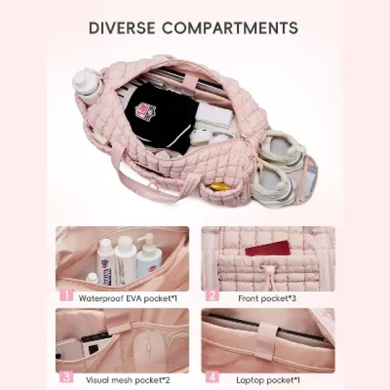 CLUCI Quilted Duffel Bag for Women, Large Puffer Duffle Weekender Bag with Shoe Compartment, Overnight Carry On Bag Workout for Airplane, Sports image {2}