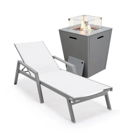 LeisureMod Marlin Modern Grey Aluminum Outdoor Patio Chaise Lounge Chair With Arms and Square Fire Pit Side Table image {21}