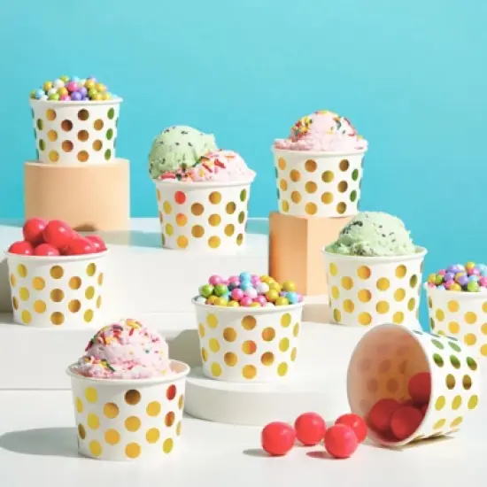 Juvale 100 Pack Paper Ice Cream Cups, Disposable Dessert Bowls with Gold Polka Dots for Sundae Bar, Frozen Yogurt, White, 8 oz image {2}