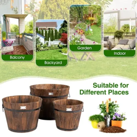 Costway 3 pcs Wooden Planter Barrel Set Decorative Flower Bed Multiple Size image {4}