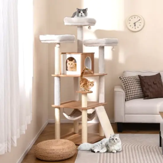 Tangkula 68" Large Cat Tower w/ 3 Padded Perches Condo Sisal Scratching Posts & Ramp image {1}