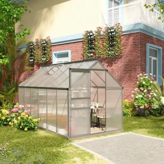 Outsunny Aluminum Greenhouse, Polycarbonate Walk-in Garden Greenhouse Kit with Adjustable Roof Vent, Rain Gutter and Sliding Door for Winter, Silver image {2}