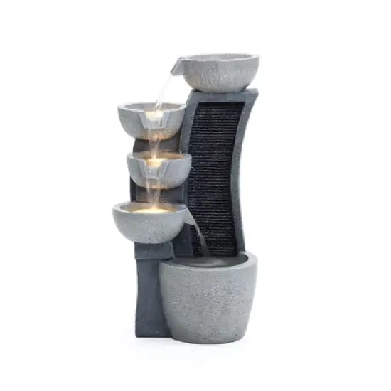 LuxenHome 26" Modern Outdoor Water Fountain with Planter and Lights, Resin Cascading Bowl Garden Waterfall Indoor and Outdoor Use Gray image {7}