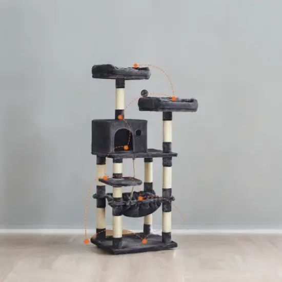 FEANDREA 56.3in Cat Tower for Large Cats Indoor Cat Tree Cat Condo with Scratching Posts, Hammock, Plush Perch, Cat Furniture - Smoky Gray image {3}