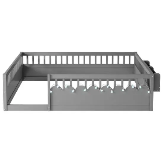 JUJABU Full Wood Floor Bed Frame with High Rails, Built-In Light & Storage Shelf for Kids image {9}