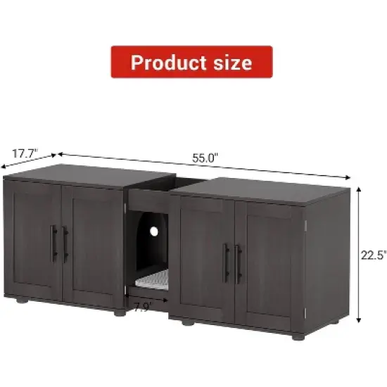 Double Cage Cat Litter Box Enclosure Furniture &ndash; Hidden Wooden Enclosed House for 2 Cats, 55" L x 17.7" W x 22.5" H &ndash; Discreet Odor-Control Design image {1}
