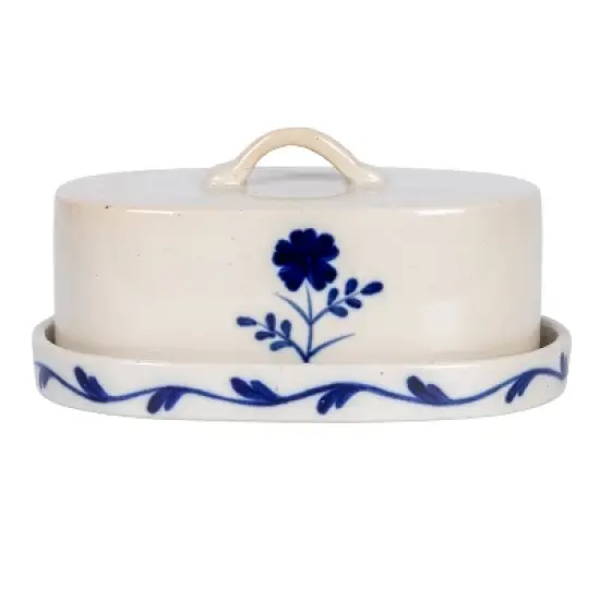 Storied Home Hand-Painted Stoneware Butter Dish with Flower, Blue and White image {5}