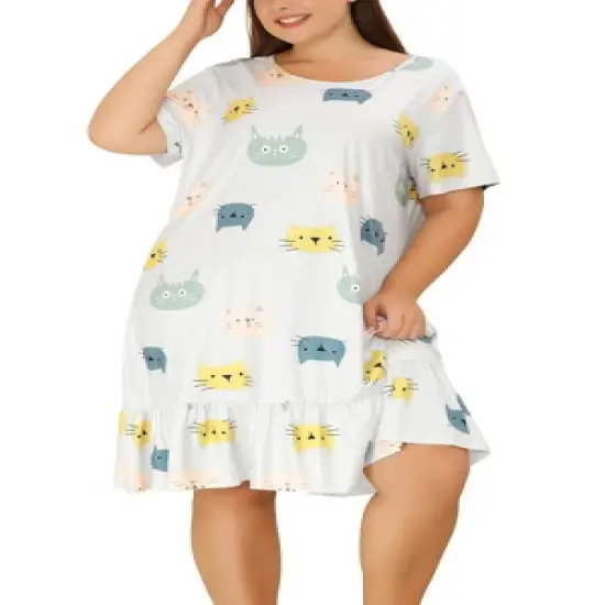 Agnes Orinda Women's Plus Size Short Sleeve Soft Comfy Lovely Cat Sleep dress image {1}