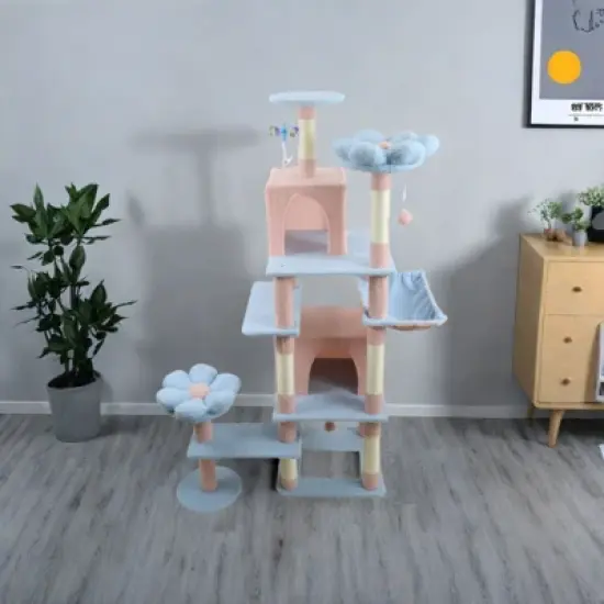 SEVOBAL Pet Tower Floral Cat Tree with Spacious Condo and Hammock, Multi-Level Playground for All Age Cats Playing, Sleeping, Blue, 20"*20"*14.4" image {1}