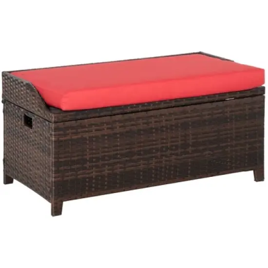 Outsunny Storage Bench Rattan Wicker Garden Deck Box Bin with Interior Waterproof Cloth Bag and Comfortable Cushion image {8}