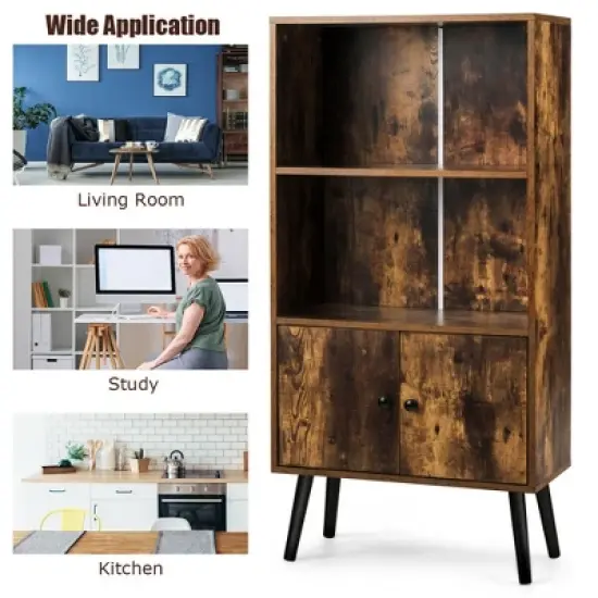 Costway 2-Tier Retro Bookcase Bookshelf w/3 Compartment&2 Doors Industrial Cabinet image {5}