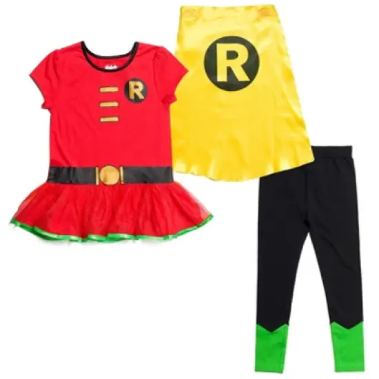 DC Comics Robin Girls Cosplay T-Shirt Dress Leggings and Cape 3 Piece Toddler  image {8}
