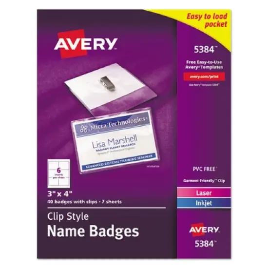 Avery Clip-Style Name Badge Holder with Laser/Inkjet Insert, Top Load, 4 x 3, White, 40/Box image {5}