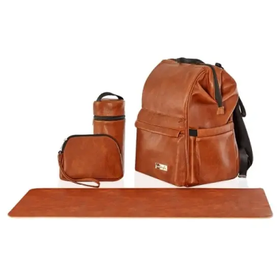 Hannah & Sophia Soho Large Traverse Baby Diaper Bag Backpack in Cognac, Water Resistant Changing Pad & Mini Mom Tote Included, Brown image {10}