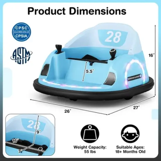 Costway 12V Electric 360&deg; Spin Car Toy Ride on Bumper Car for Toddlers with Remote Control Light Blue/Pink/Red/Purple image {2}