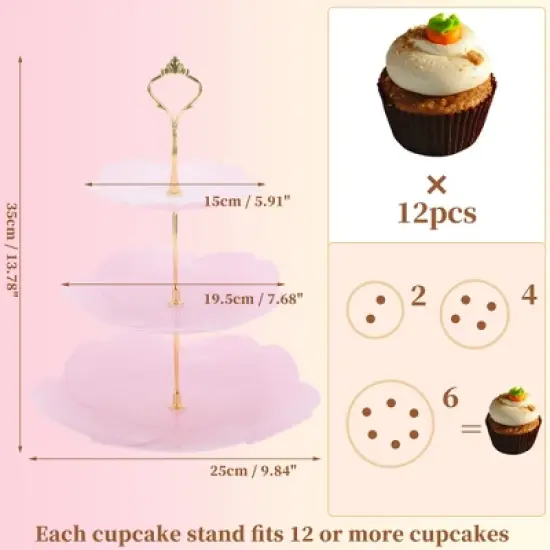 Unique Bargains 3 Tier Dessert Cupcake Stand Flower Shape Cup Cake Holder Tower Pink Gold Tone image {1}
