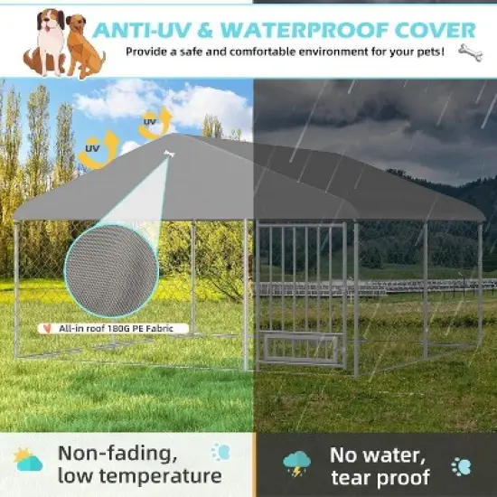 Erommy 10'x10' Outdoor Dog Kennel, Heavy Duty Large Dog Kennels with Waterproof Cover and Rotating Feeding Door image {5}