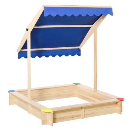 Outsunny Wooden Sandbox w/ Adjustable Canopy, Children Outdoor Playset Weather Resistant 47" L x 47" W x 47" H, Natural & Blue image {3}