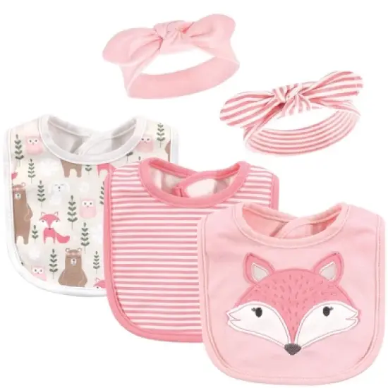 Hudson Baby Infant Girl Cotton Bib and Headband Set 5pk, Miss Fox, One Size image {6}