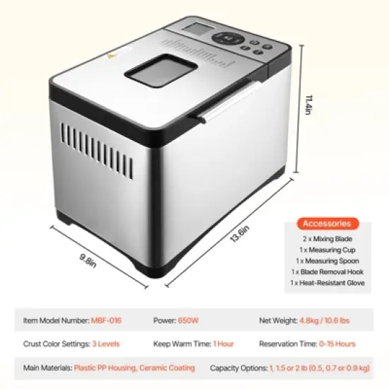 VEVOR Bread Maker, 19-in-1 2LB Dough Machine, Nonstick Ceramic Pan Automatic Breadmaker, 3 Loaf Sizes, 3 Crust Colors, Silver image {7}