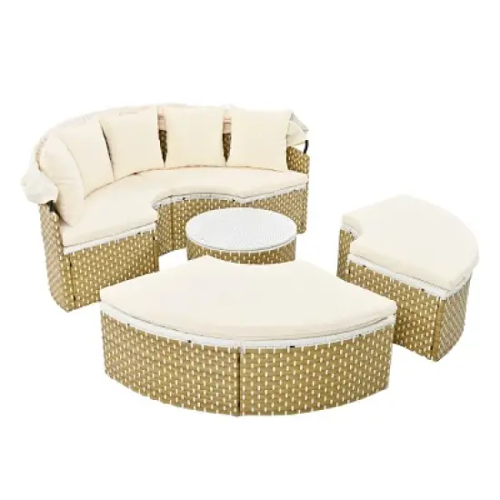 4 Piece Outdoor Wicker Patio Furniture Set,Round Sectional Sofa with Retractable Canopy,Patio Daybed with Adjustable Table,Cushions-Coolbibila image {5}