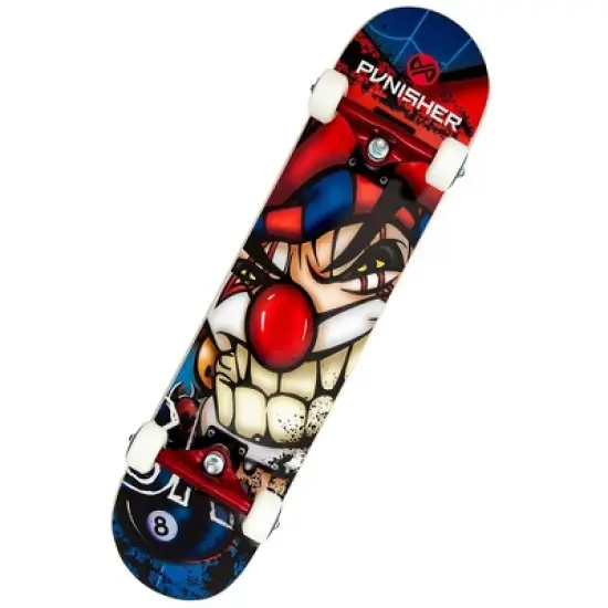 Punisher Jester Skateboard with 7 Layer Canadian Maple Double Kick Concave Deck & ABEC-7 High Speed Bearings (Blue) image {1}