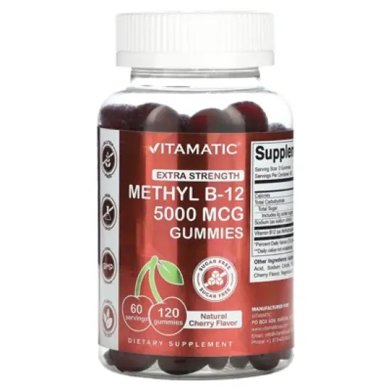 Vitamatic Extra Strength Vitamin B12 5000 mcg (Methyl B12) Gummies - 120 Count - Energy Metabolism Support and Nervous System Health Support, Natural image {3}