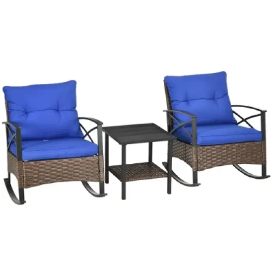Outsunny 3 Piece Rocking Wicker Bistro Set, Outdoor Patio Furniture Set with two Porch Rocker Chairs, Cushions, Two-Tier Coffee Table image {3}