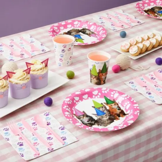 Juvale 144-Pieces of Kitten Party Supplies with Cat Birthday Paper Plates, Napkins, Cups, and Cutlery, Serves 24 image {1}