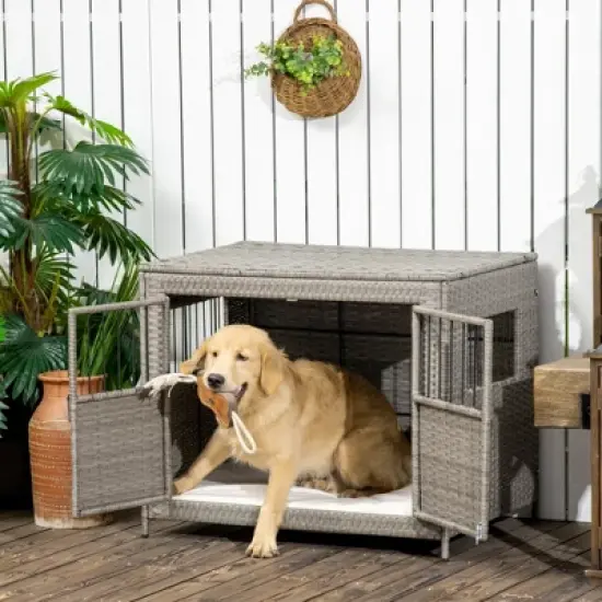 PawHut Rattan Dog Crate with Double Doors, Wicker Dog Cage with Large Entrance and Soft Cushion, Dog Kennel for Medium to Large Sized Dogs, Gray image {2}