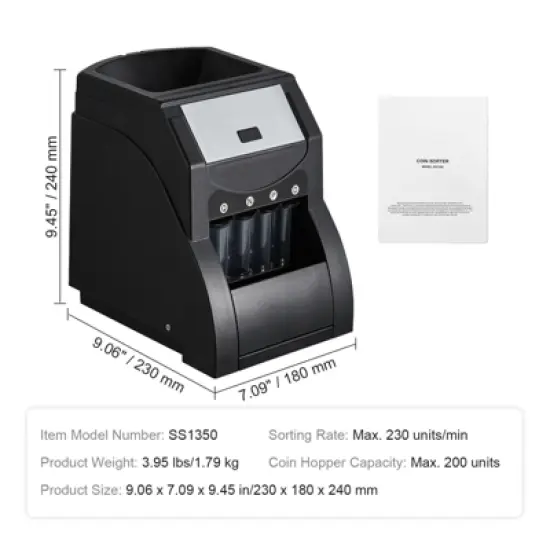 VEVOR USD Coin Sorter, Coin Sorter Machine for USD Coin 1￠ 5￠ 10￠ 25￠, Sorts up to 230 Coins/min, Coin Sorter and Wrapper Machine Holds 200 Coins image {7}