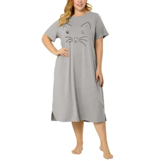 Agnes Orinda Womens Plus Size Short Sleeve Cute Cat Print Pockets Nightgown image {7}
