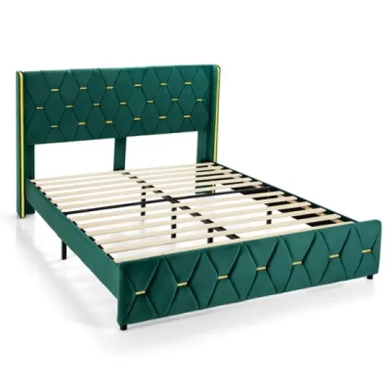 Costway  Upholstered Platform Bed Frame Adjustable Headboard Footboard Modern Green image {11}
