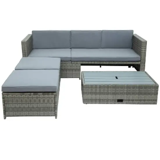 4pc Outdoor Wicker Conversation Sectional Set with Cushions - Gray - GODEER image {9}