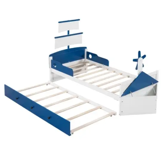 Twin Size Boat-Shaped Platform Bed with Trundle Bed and Storage Footboard-ModernLuxe image {4}