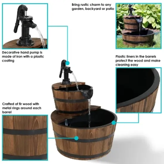 Sunnydaze Electric Fir Wood 2-Tier Farmhouse Barrel with Metal Decorative Hand Pump Outdoor Water Fountain image {1}