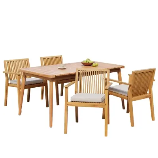 Christopher Knight Home Fiora Farmhouse 5 Piece Patio Acacia Wood Dining Set with Cushions image {4}