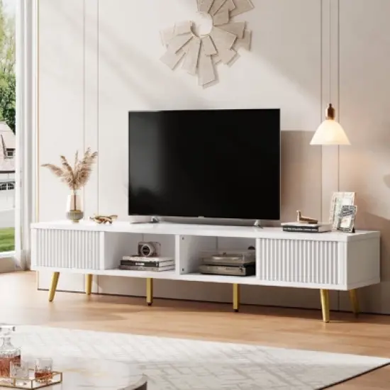 Bestier 71" Modern TV Stand for 75/80 inch TV with Fluted Sliding Doors, High Gloss Entertainment Center with Storage for Living Room, Cord Management image {9}