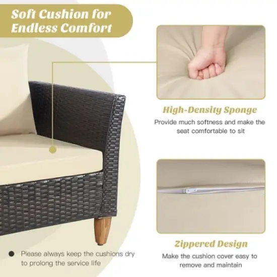 Costway 3PCS Patio Wicker Rattan Sofa Set Furniture Outdoor Acacia Wood Conversation image {5}