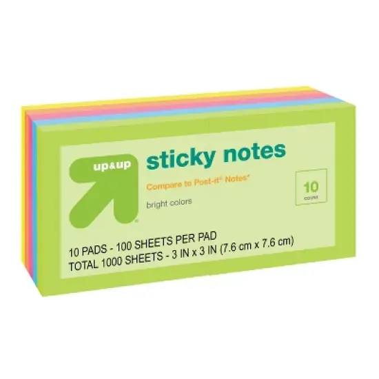 Sticky Notes 10pk 100ct per Pack - up&up&trade;: 3x3 Inch Multicolor, Uncoated Paper, Office Supplies, Glue Binding image {2}